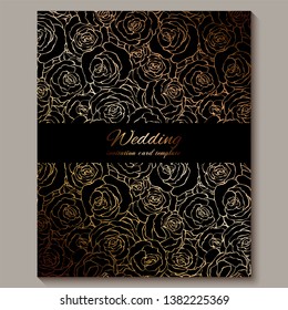 Luxury gold vintage wedding invitation, floral background with place for text, lacy foliage made of roses with golden shiny gradient. Victorian wallpaper ornaments, baroque style template for design.