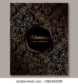 Luxury gold vintage wedding invitation, floral background with place for text, lacy foliage made of roses with golden shiny gradient. Victorian wallpaper ornaments, baroque style template for design.
