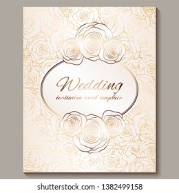 Luxury gold vintage wedding invitation, floral background with place for text, lacy foliage made of roses with golden shiny gradient. Victorian wallpaper ornaments, baroque style template for design.