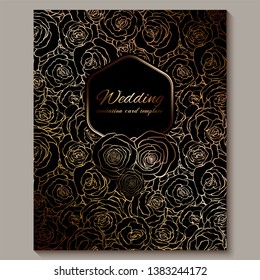 Luxury gold vintage wedding invitation, floral background with place for text, lacy foliage made of roses with golden shiny gradient. Victorian wallpaper ornaments, baroque style template for design.