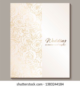 Luxury gold vintage wedding invitation, floral background with place for text, lacy foliage made of roses with golden shiny gradient. Victorian wallpaper ornaments, baroque style template for design.