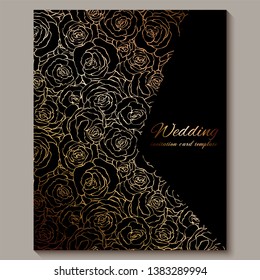 Luxury gold vintage wedding invitation, floral background with place for text, lacy foliage made of roses with golden shiny gradient. Victorian wallpaper ornaments, baroque style template for design.