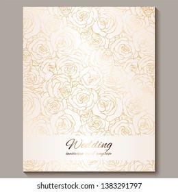 Luxury gold vintage wedding invitation, floral background with place for text, lacy foliage made of roses with golden shiny gradient. Victorian wallpaper ornaments, baroque style template for design.