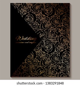 Luxury gold vintage wedding invitation, floral background with place for text, lacy foliage made of roses with golden shiny gradient. Victorian wallpaper ornaments, baroque style template for design.