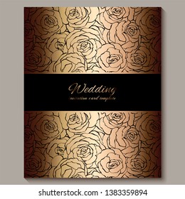 Luxury gold vintage wedding invitation, floral background with place for text, lacy foliage made of roses with golden shiny gradient. Victorian wallpaper ornaments, baroque style template for design.