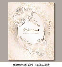 Luxury gold vintage wedding invitation, floral background with place for text, lacy foliage made of roses with golden shiny gradient. Victorian wallpaper ornaments, baroque style template for design.