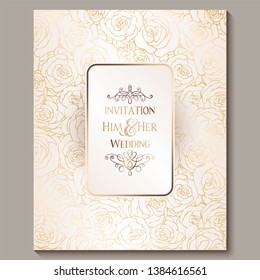 Luxury gold vintage wedding invitation, floral background with place for text, lacy foliage made of roses with golden shiny gradient. Victorian wallpaper ornaments, baroque style template for design.