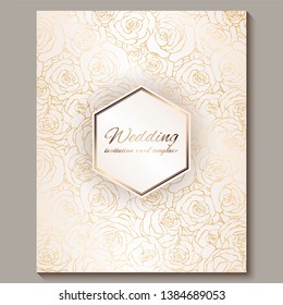 Luxury gold vintage wedding invitation, floral background with place for text, lacy foliage made of roses with golden shiny gradient. Victorian wallpaper ornaments, baroque style template for design.