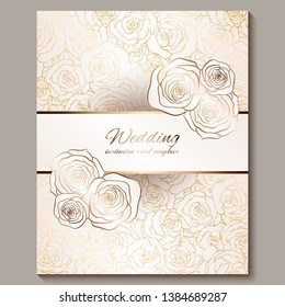 Luxury gold vintage wedding invitation, floral background with place for text, lacy foliage made of roses with golden shiny gradient. Victorian wallpaper ornaments, baroque style template for design.