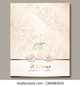 Luxury gold vintage wedding invitation, floral background with place for text, lacy foliage made of roses with golden shiny gradient. Victorian wallpaper ornaments, baroque style template for design.