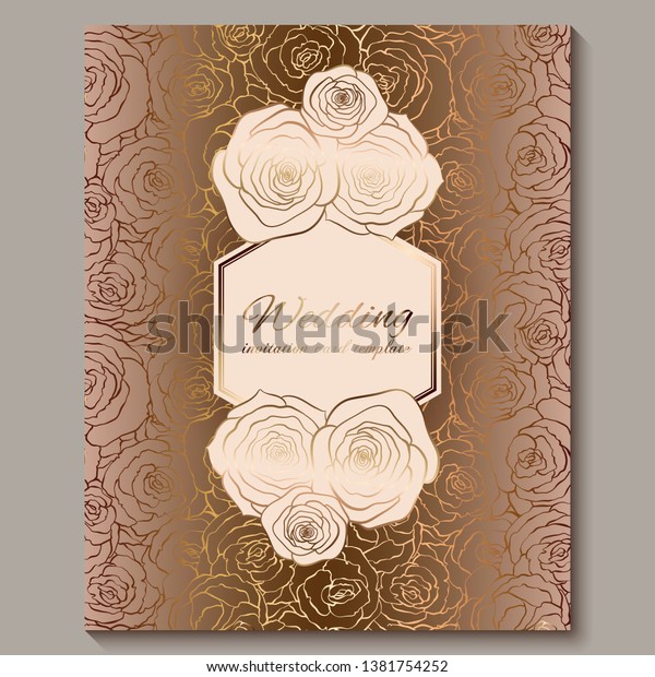 Luxury gold vintage wedding invitation, floral\
background with place for text, lacy foliage made of roses with\
golden shiny gradient. Victorian wallpaper ornaments, baroque style\
template for design.