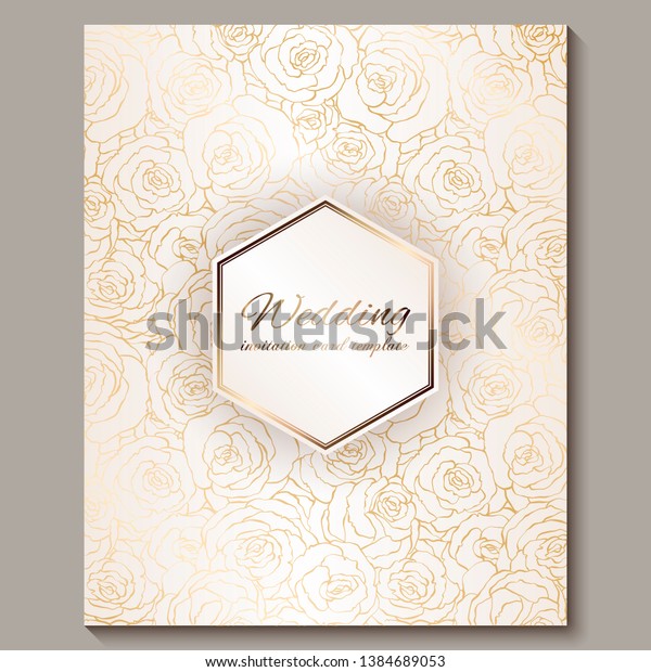 Luxury gold vintage wedding invitation, floral
background with place for text, lacy foliage made of roses with
golden shiny gradient. Victorian wallpaper ornaments, baroque style
template for design.