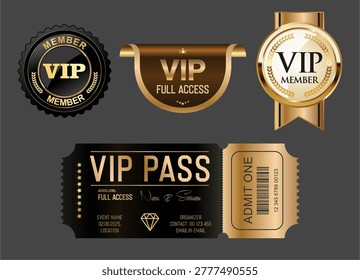 Luxury Gold VIP Access Pass. Elegant Exclusive VIP Access Event Pass Illustration,  Premium VIP card with golden diamond. Luxury design 