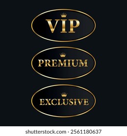 Luxury Gold VIP Labels or Premium Quality Stickers, VIP Certificate Labels and Tags with Shiny Gold Wreath and Royal Crown on Black Badges.Vector Luxury Illustration