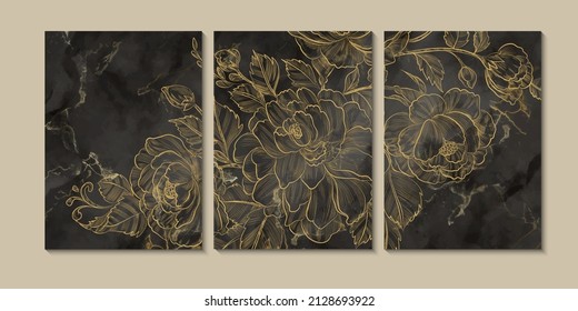 Luxury gold wall Art. Black and golden abstract background. Roses wall art design with dark color, shiny golden light texture. Modern art, Luxury illustration.