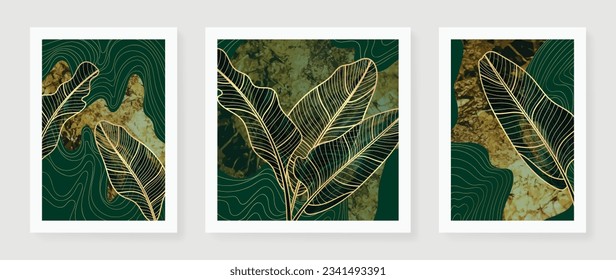 Luxury gold wall art wallpaper. Watercolor dark green and gold foil background. Banana leaf wall art design with golden line, shiny golden light texture. Modern art mural wallpaper. 