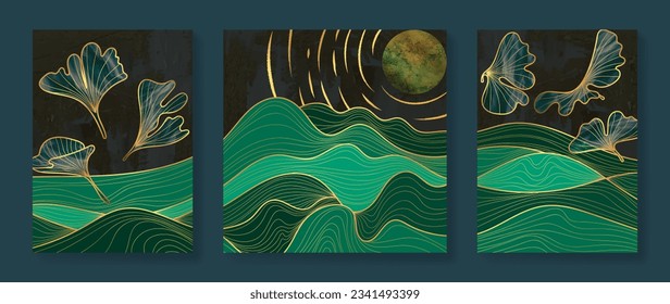 Luxury gold wall art wallpaper. Dark green and black background. Ginkgo leaf wall art design with river wavy, moon, shiny golden light texture. Modern art mural wallpaper. Vector illustration.