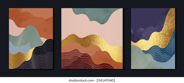 Papel tapizado de oro de lujo. Fondo de lámina dorada y colorido. Diseño de arte de pared paisajístico con textura de montaña, colina, brillante luz dorada. Papel mural de arte moderno. Ilustración vectorial.