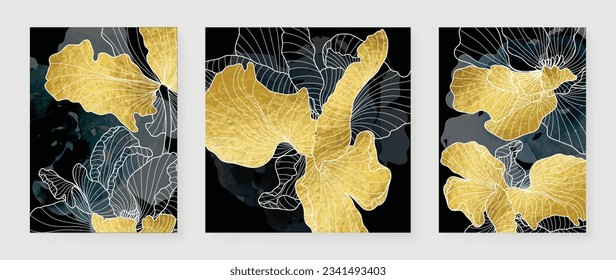 Luxury gold wall art wallpaper. Watercolor black and dark blue background. Peony flower wall art design with white line, shiny golden light texture. Modern art mural wallpaper. Vector illustration.