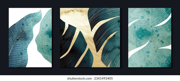 Luxury gold wall art wallpaper. White and gold foil background. Banana leaf wall art design with gold line, watercolor texture. Modern art mural wallpaper. Vector illustration.