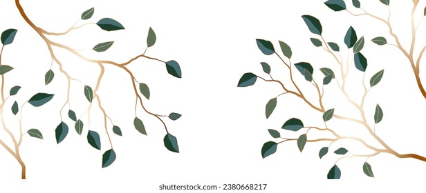 Luxury gold wallpaper in art deco style on a white background. Floral pattern with gold leaf plant with plant line drawing, for print, wall art, decor, fabric.	