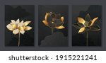 Luxury gold wallpaper.  Black and golden background. lotus wall art design with dark blue and green color, shiny golden light texture. Modern art mural wallpaper. Vector illustration.