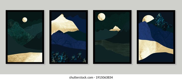 Luxury gold wallpaper.  Black and golden background. Mountain wall art design with dark blue and green color, shiny golden light texture. Modern art mural wallpaper. Vector illustration.