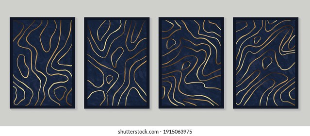 Luxury gold wallpaper.  Black and golden background. Mountain wall art design with dark blue and green color, shiny golden light texture. Modern art mural wallpaper. Vector illustration.