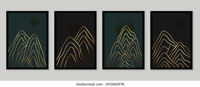 Luxury gold wallpaper.  Black and golden background. Mountain wall art design with dark blue and green color, shiny golden light texture. Modern art mural wallpaper. Vector illustration.