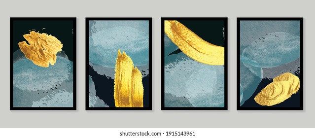 Papel de oro de lujo.  Fondo negro y dorado. Diseño artístico de paredes onduladas de color azul oscuro y verde, brillante textura de luz dorada. Papel mural de arte moderno. Ilustración vectorial.