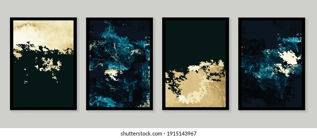 Luxury gold wallpaper.  Black and golden background. Grunge wall art design with dark blue and green color, shiny golden light texture. Modern art mural wallpaper. Vector illustration.