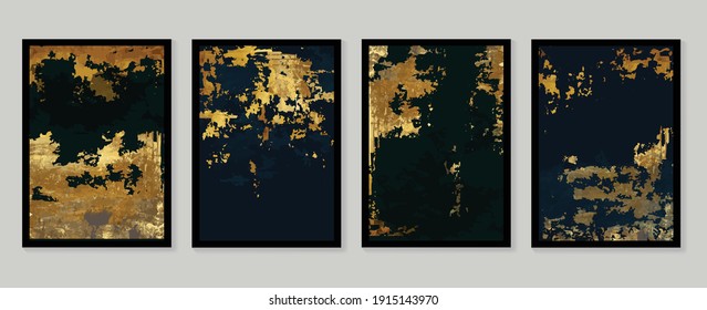 Luxury gold wallpaper.  Black and golden background. Grunge wall art design with dark blue and green color, shiny golden light texture. Modern art mural wallpaper. Vector illustration.