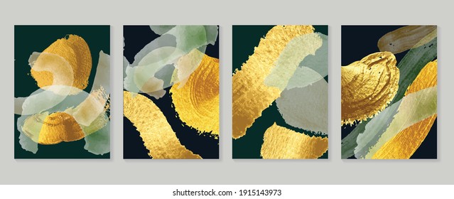 Papel de oro de lujo.  Fondo negro y dorado. Diseño artístico de paredes onduladas de color azul oscuro y verde, brillante textura de luz dorada. Papel mural de arte moderno. Ilustración vectorial.