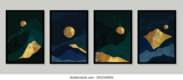 Luxury gold wallpaper.  Black and golden background. Mountain wall art design with dark blue and green color, shiny golden light texture. Modern art mural wallpaper. Vector illustration.