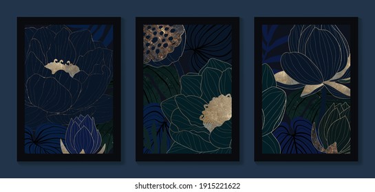 Luxury gold wallpaper.  Black and golden background. lotus wall art design with dark blue and green color, shiny golden light texture. Modern art mural wallpaper. Vector illustration.