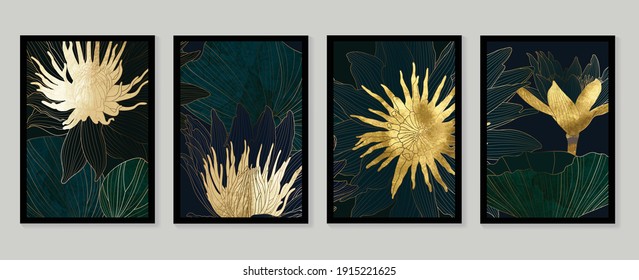 Luxury Gold Wallpaper.  Black And Golden Background. Lotus Wall Art Design With Dark Blue And Green Color, Shiny Golden Light Texture. Modern Art Mural Wallpaper. Vector Illustration.