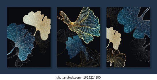 Luxury gold wallpaper.  Black and golden background. Tropical leaves wall art design with dark blue and green color, shiny golden light texture. Modern art mural wallpaper. Vector illustration. - Shutterstock ID 1915224100