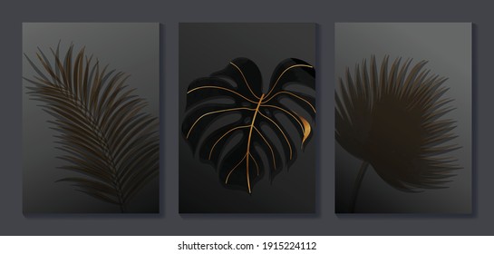 Luxury gold wallpaper.  Black and golden background. Tropical leaves wall art design with dark blue and green color, shiny golden light texture. Modern art mural wallpaper. Vector illustration.