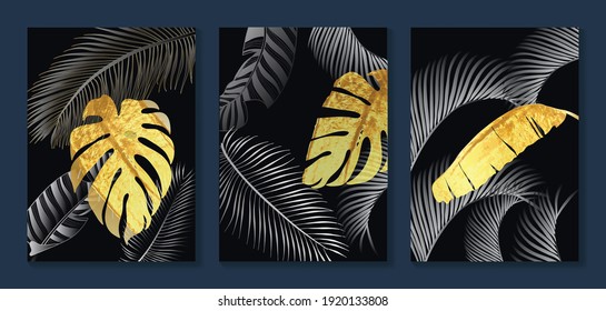 Luxury gold wallpaper.  Black and golden background. Tropical leaves wall art design with dark blue and green color, shiny golden light texture. Modern art mural wallpaper. Vector illustration.