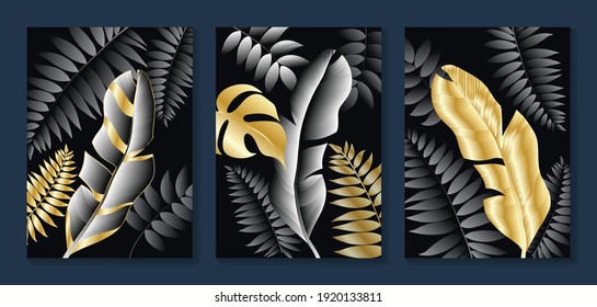 Luxury gold wallpaper.  Black and golden background. Tropical leaves wall art design with dark blue and green color, shiny golden light texture. Modern art mural wallpaper. Vector illustration.