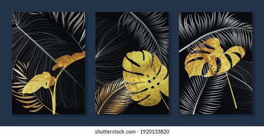 Luxury gold wallpaper.  Black and golden background. Tropical leaves wall art design with dark blue and green color, shiny golden light texture. Modern art mural wallpaper. Vector illustration.