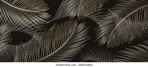 Luxury gold wallpaper.  Black and golden background. Tropical leaves wall art design with dark blue and green color, shiny golden light texture. Modern art mural wallpaper. Vector illustration.