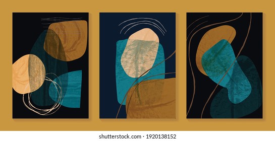 Papel de oro de lujo.  Fondo negro y dorado. Diseño artístico de paredes onduladas de color azul oscuro y verde, brillante textura de luz dorada. Papel mural de arte moderno. Ilustración vectorial.