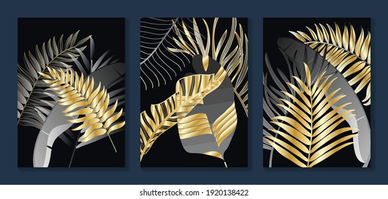 Luxury gold wallpaper.  Black and golden background. Tropical leaves wall art design with dark blue and green color, shiny golden light texture. Modern art mural wallpaper. Vector illustration.