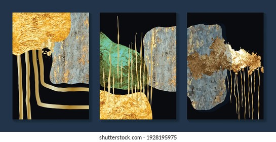 Luxury gold wallpaper.  Black and golden background. Grunge wall art design with golden line art and abstract shape. Modern art mural wallpaper. Vector illustration.