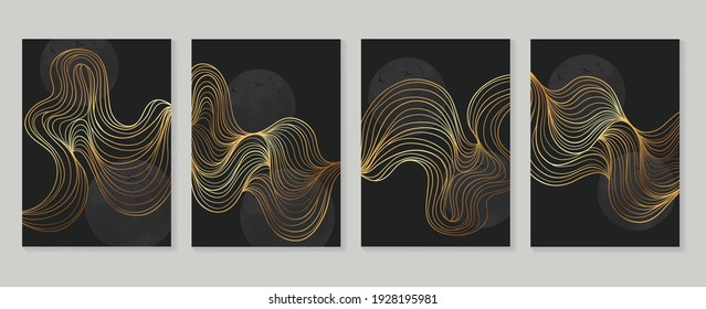 Luxury gold wallpaper.  Black and golden background. Grunge wall art design with golden line art and abstract shape. Modern art mural wallpaper. Vector illustration.