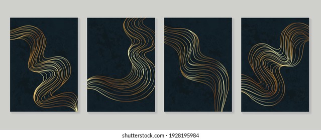 Luxury gold wallpaper.  Black and golden background. Grunge wall art design with golden line art and abstract shape. Modern art mural wallpaper. Vector illustration.