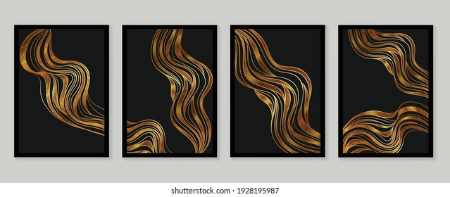 Luxury gold wallpaper.  Black and golden background. Grunge wall art design with golden line art and abstract shape. Modern art mural wallpaper. Vector illustration.