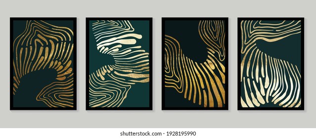 Luxury gold wallpaper.  Black and golden background. Grunge wall art design with golden line art and abstract shape. Modern art mural wallpaper. Vector illustration.