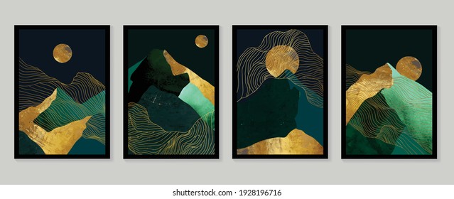 Luxury gold wallpaper.  Black and golden background. Mountain wall art design with dark blue and green color, shiny golden light texture. Modern art mural wallpaper. Vector illustration.